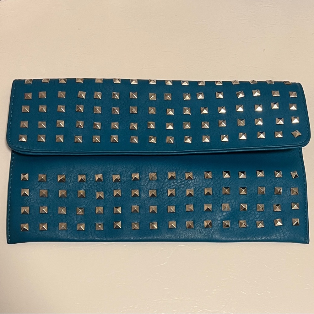 Teal Studded Leather Clutch - Unbranded